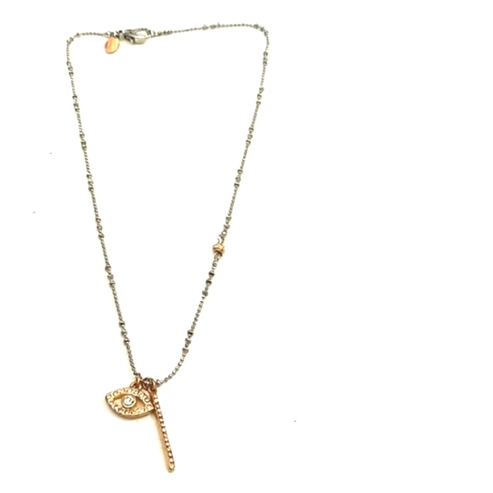EXPRESS TWO-TONED BALL CHAIN CRYSTAL EVIL EYE AND BAR 16" NECKLACE